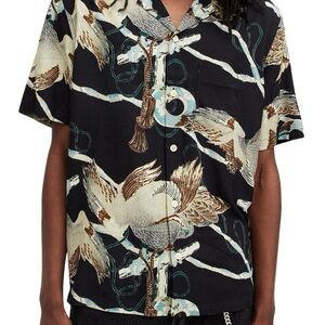 All Saints Black Short-Sleeve Button-Down with Cream & Brown Crane Motif